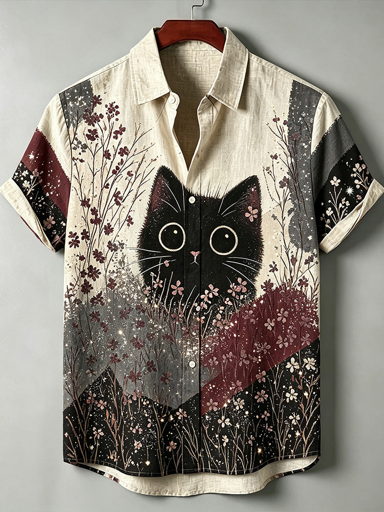 Vintage Black Cat Wild Flower Forest Print Linen Short Sleeve Button Shirt