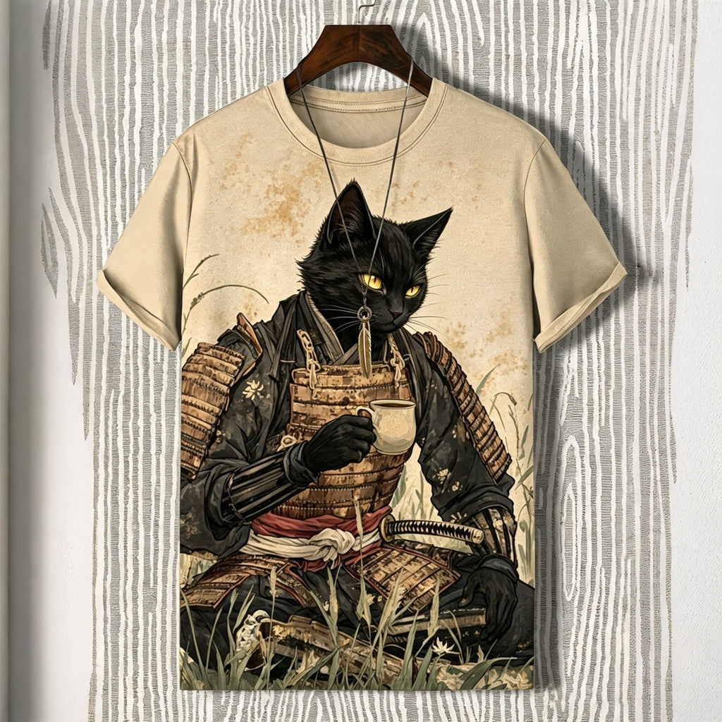 Men's Retro Black Cat Samurai Enjoys Afternoon Tea Japanese Art Short-sleeve Shirt