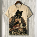 Men's Retro Black Cat Samurai Enjoys Afternoon Tea Japanese Art Short-sleeve Shirt