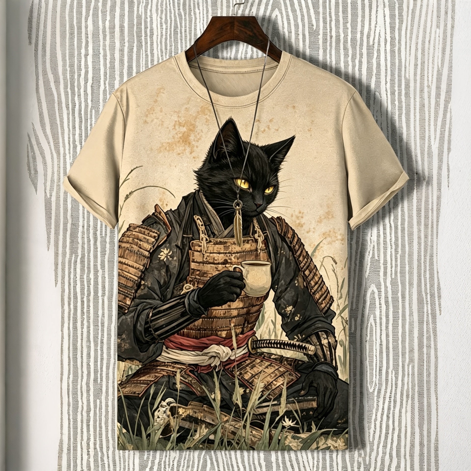 Men's Retro Black Cat Samurai Enjoys Afternoon Tea Japanese Art Short-sleeve Shirt