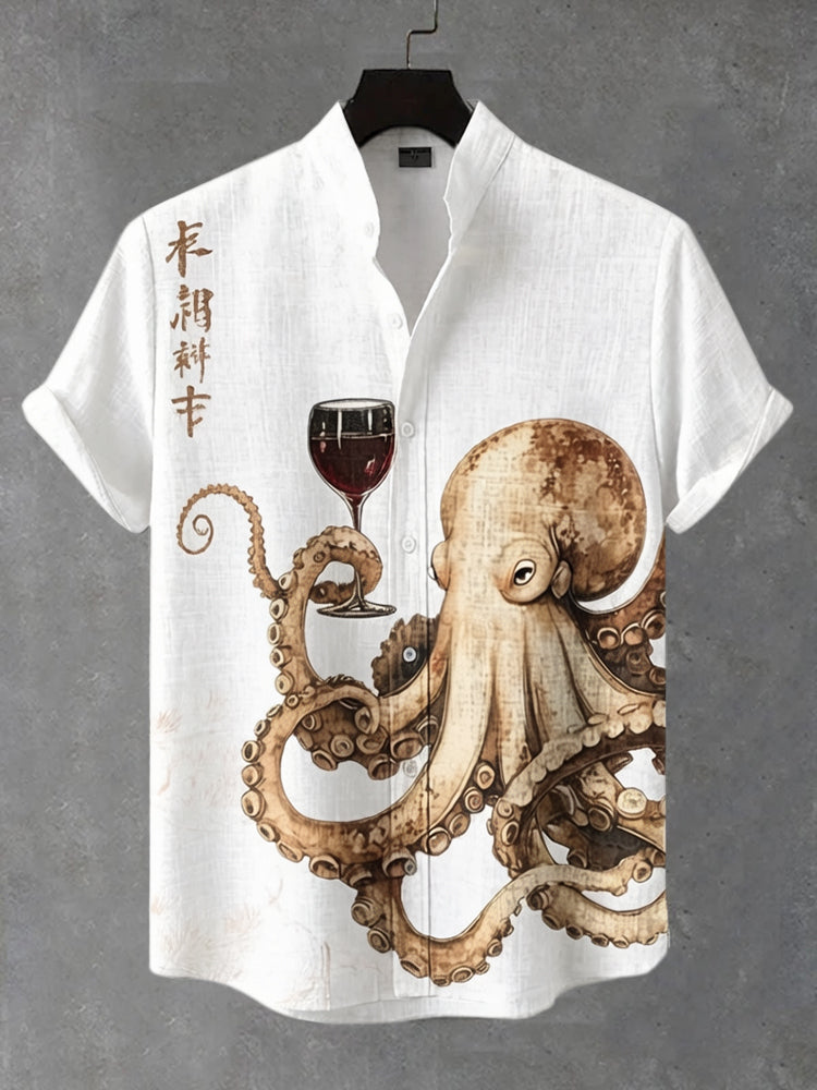 Men's Octopus Drinking Red Wine Art Print Casual Shirt
