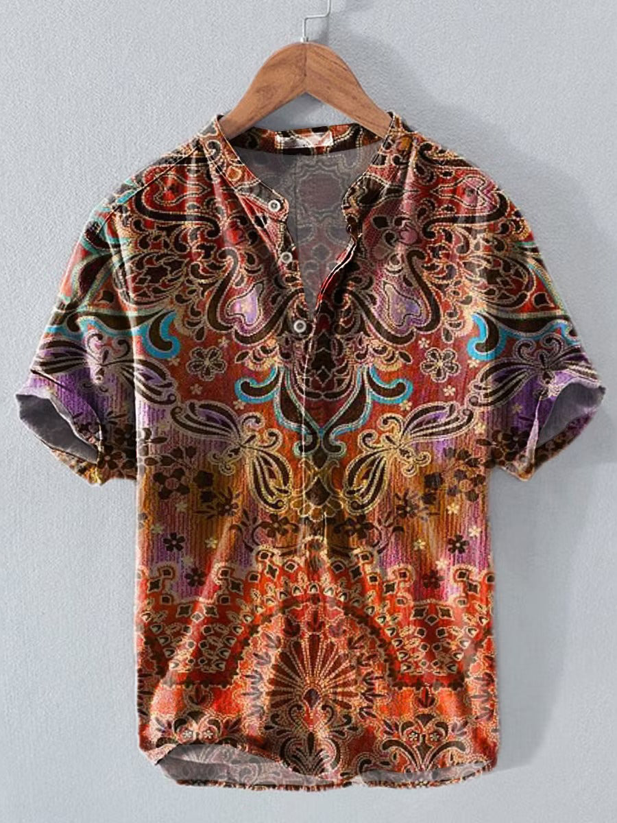 Men's Retro Ethnic Pattern Prints Linen Blend Short-sleeve Shirt