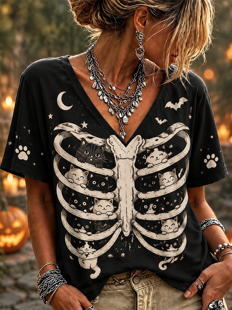 Women's Gothic Black Ribcage With Cute Peeping Cats And Moon Short Sleeve T-shirt