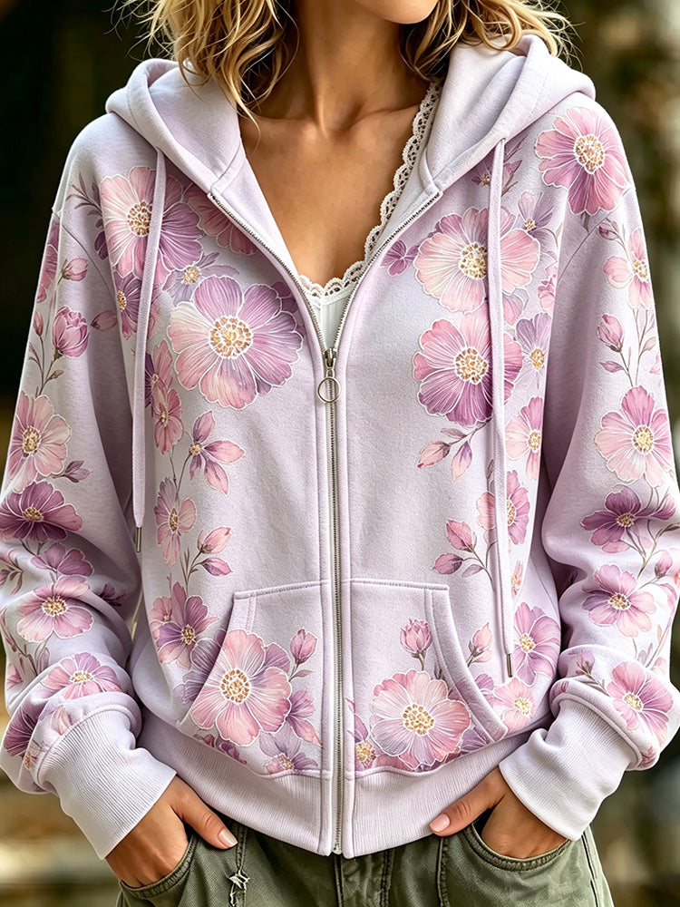 Women's Retro Floral Art Print Comfortable Zip-up Hoodie