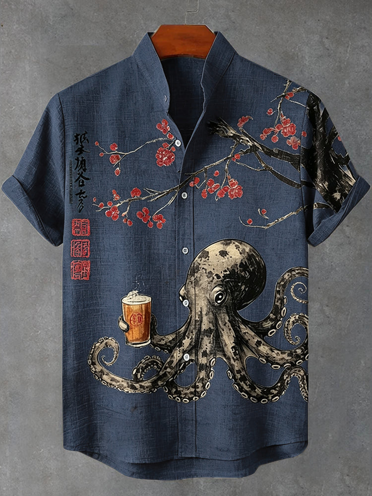 Men's Octopus Drinking Tea Under The Cherry Tree Art Print Casual Shirt