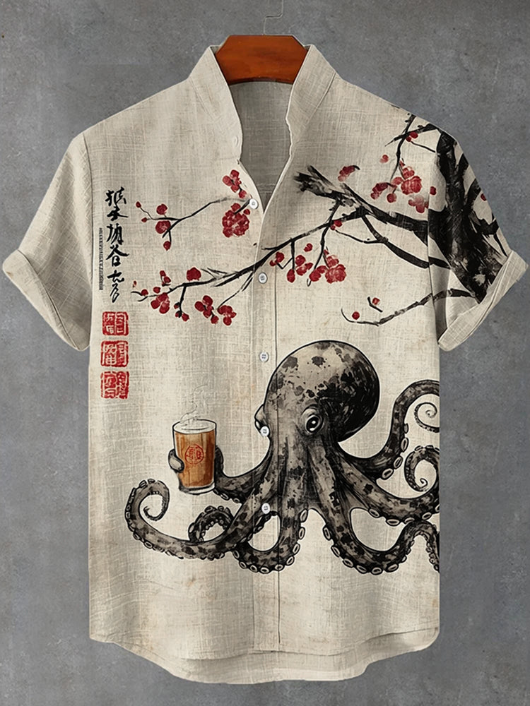 Men's Octopus Drinking Tea Under The Cherry Tree Art Print Casual Shirt