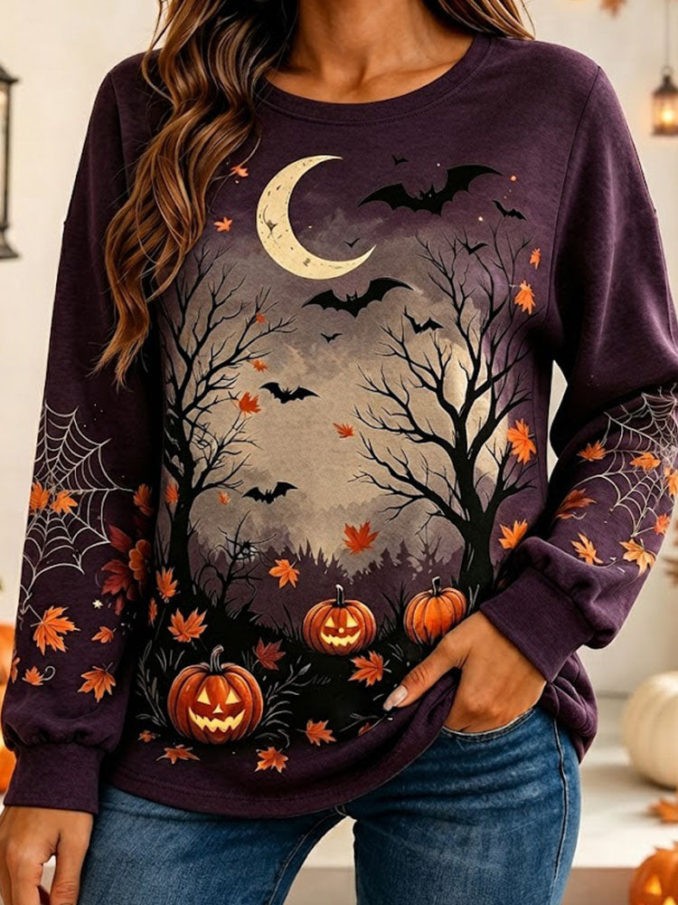 Women's Halloween Spooky Forest And Pumpkin Graphic Print Long-sleeve Sweatshirt