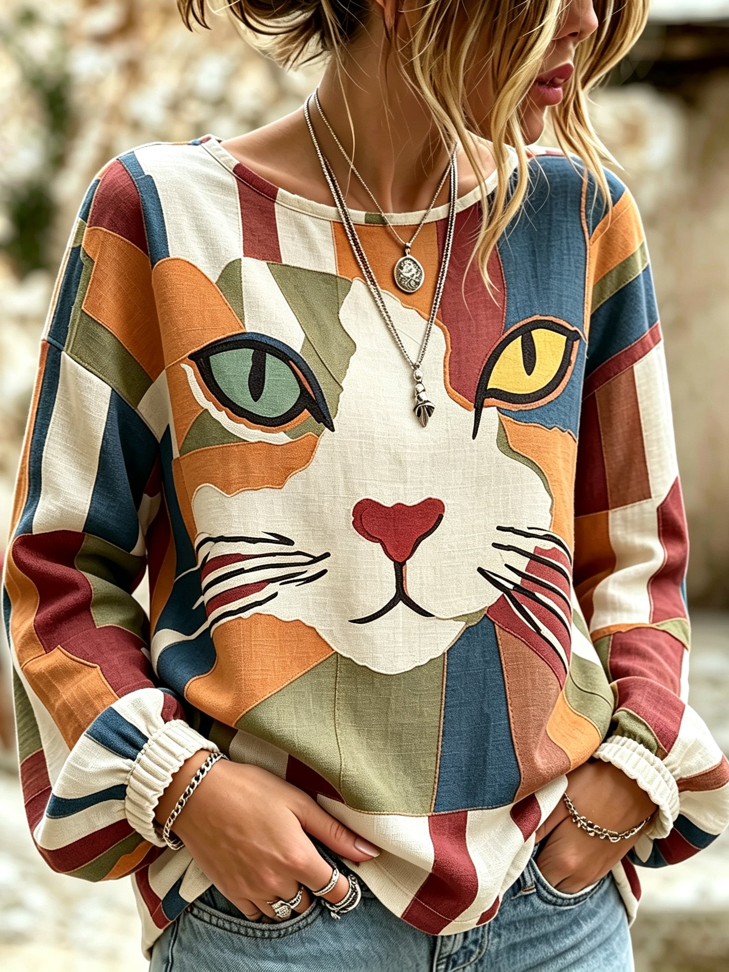 Women's Abstract Creative Cool Cat In Patchwork Art Linen Blend Round Neck Long Sleeve Tops