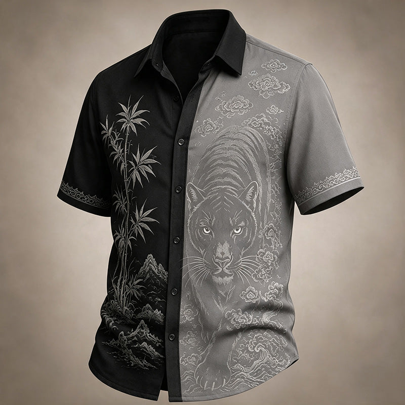 Men's Black Panther And Landscape Japanese Art Print Casual Shirt