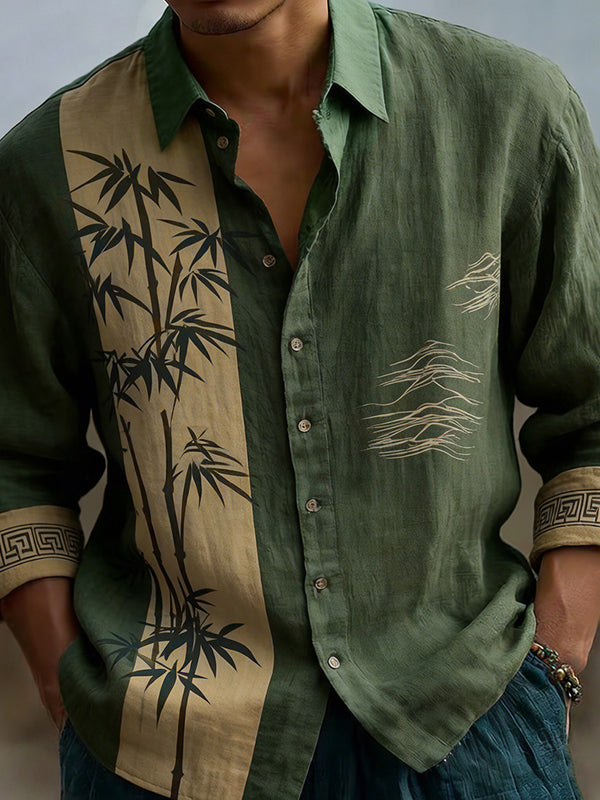 Japanese Bamboo Pattern Embroidered Color Blocked Linen Blend Shirt