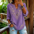 Women's Retro Floral Art Cotton Linen V-neck T-shirt