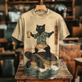 Men's Black Cat Surfing On A Turtle Print Casual T-shirt