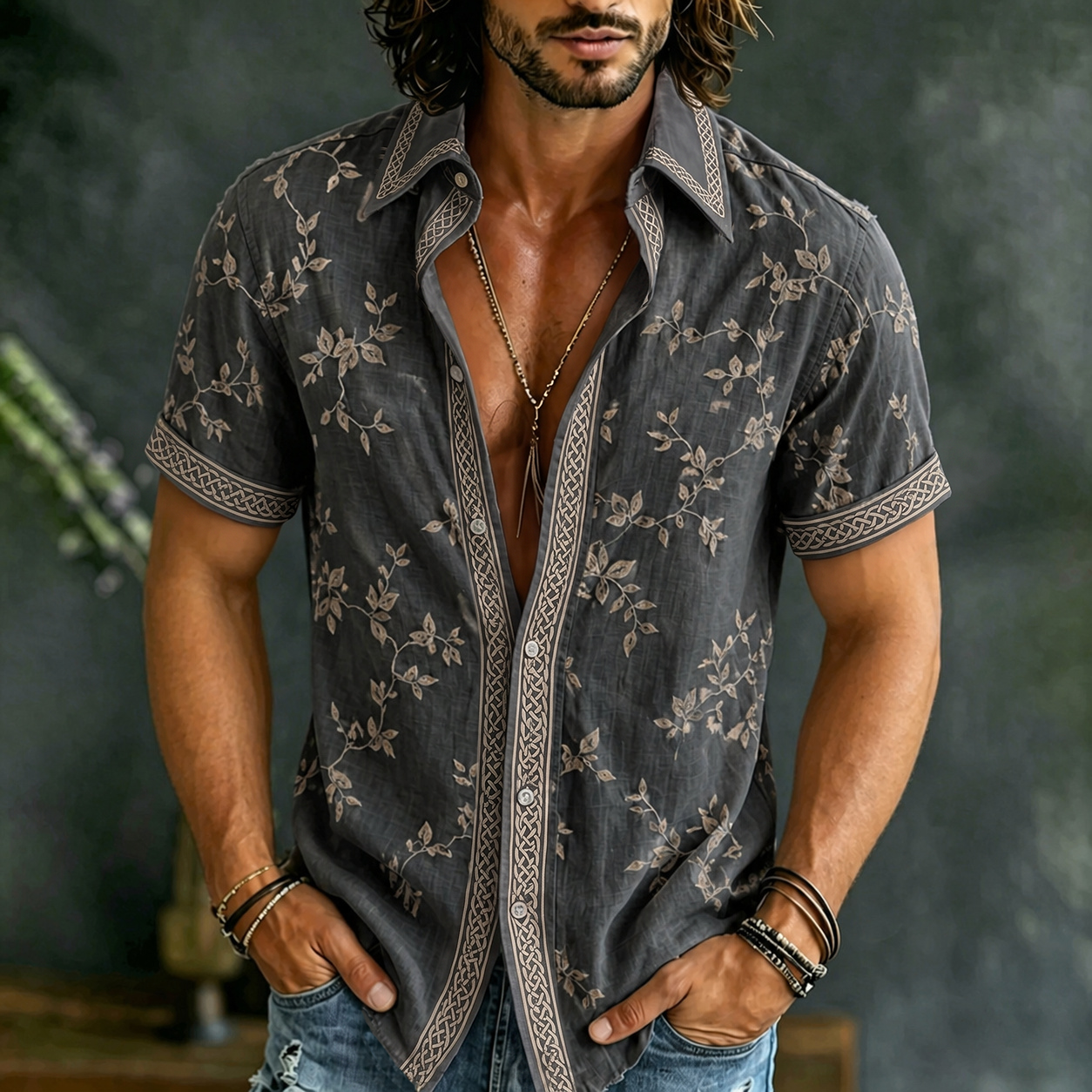 Men's Retro Floral Embroidered Short-sleeve Shirt
