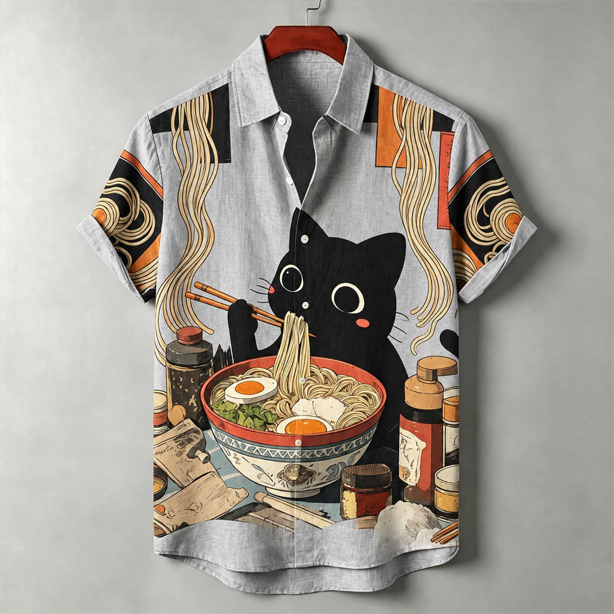 Men's Japanese Ukiyo-e Print Black Cat Eating Ramen Print Casual Loose Short-sleeve Shirt