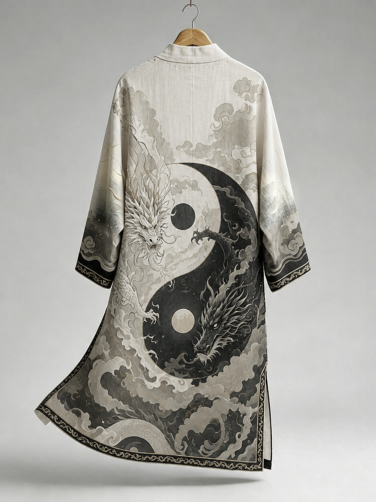 Men's Vintage Oriental Yin Yang Twin Dragon Cloud Print Art Loose Casual Outerwear