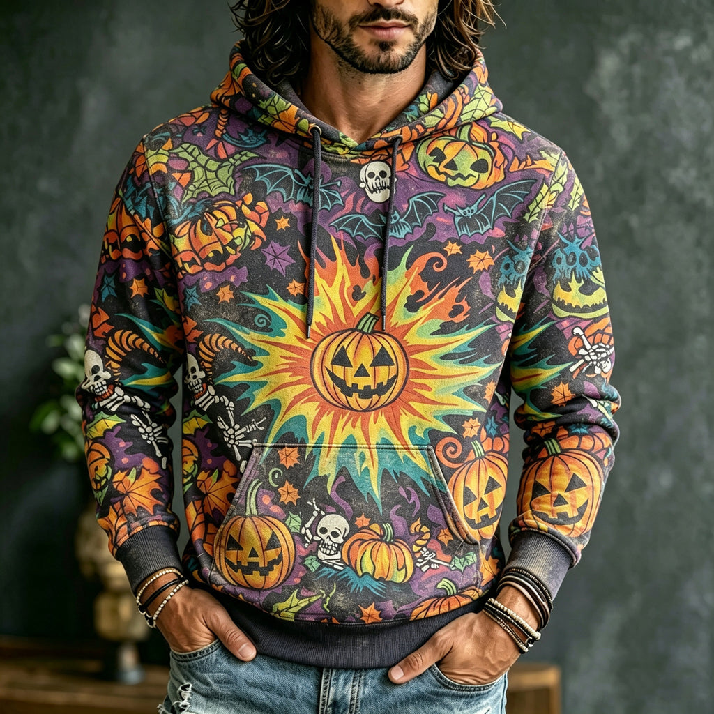Men's Retro Hippie Style Halloween Pumpkin And Skull Print Hoodie