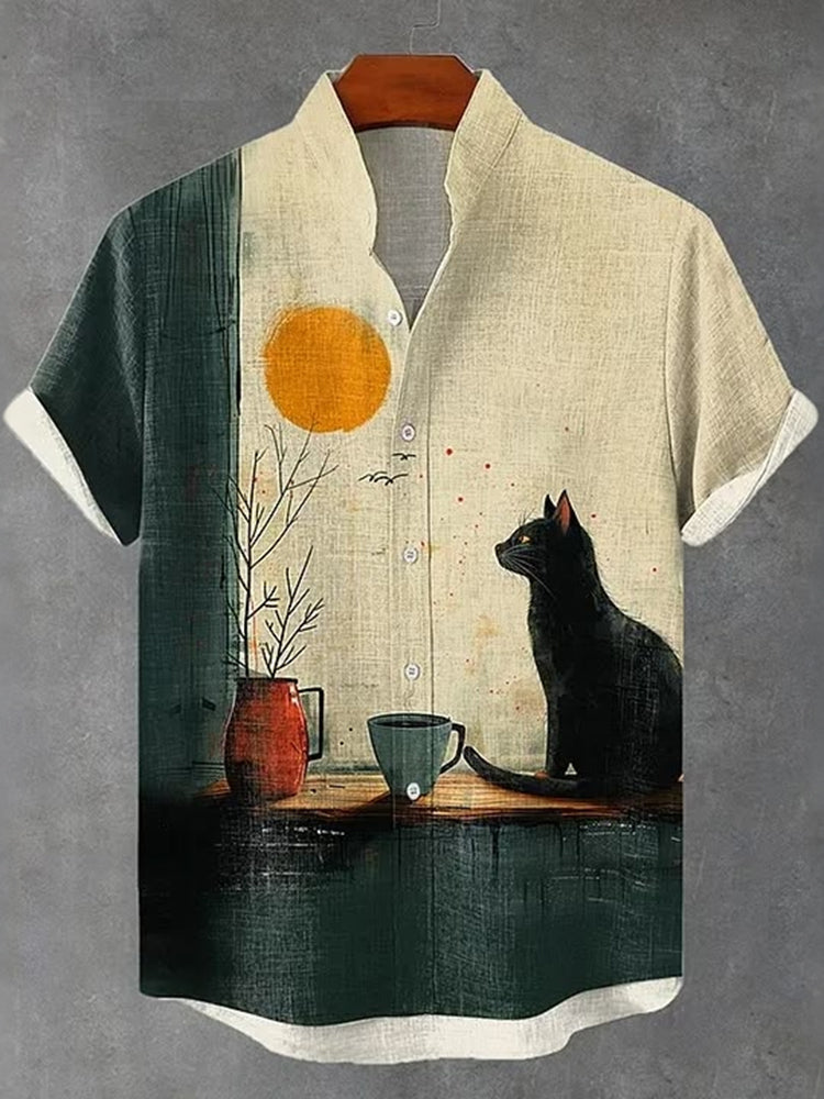 Vintage Cute Cat Patchwork Art Print Casual Cotton Linen Shirt