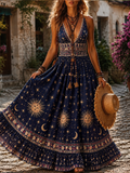 Women's Bohemian Celestial Sun, Moon, And Star Print Deep V-neck Long Dress
