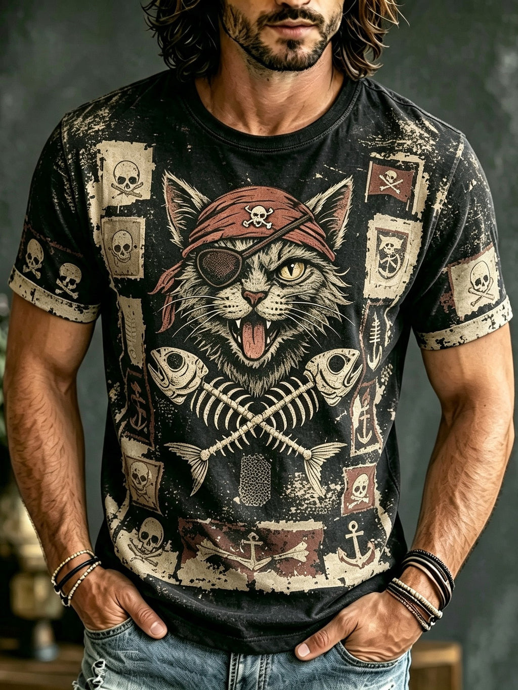 Men's Retro Cat Print Cotton Linen T-shirt