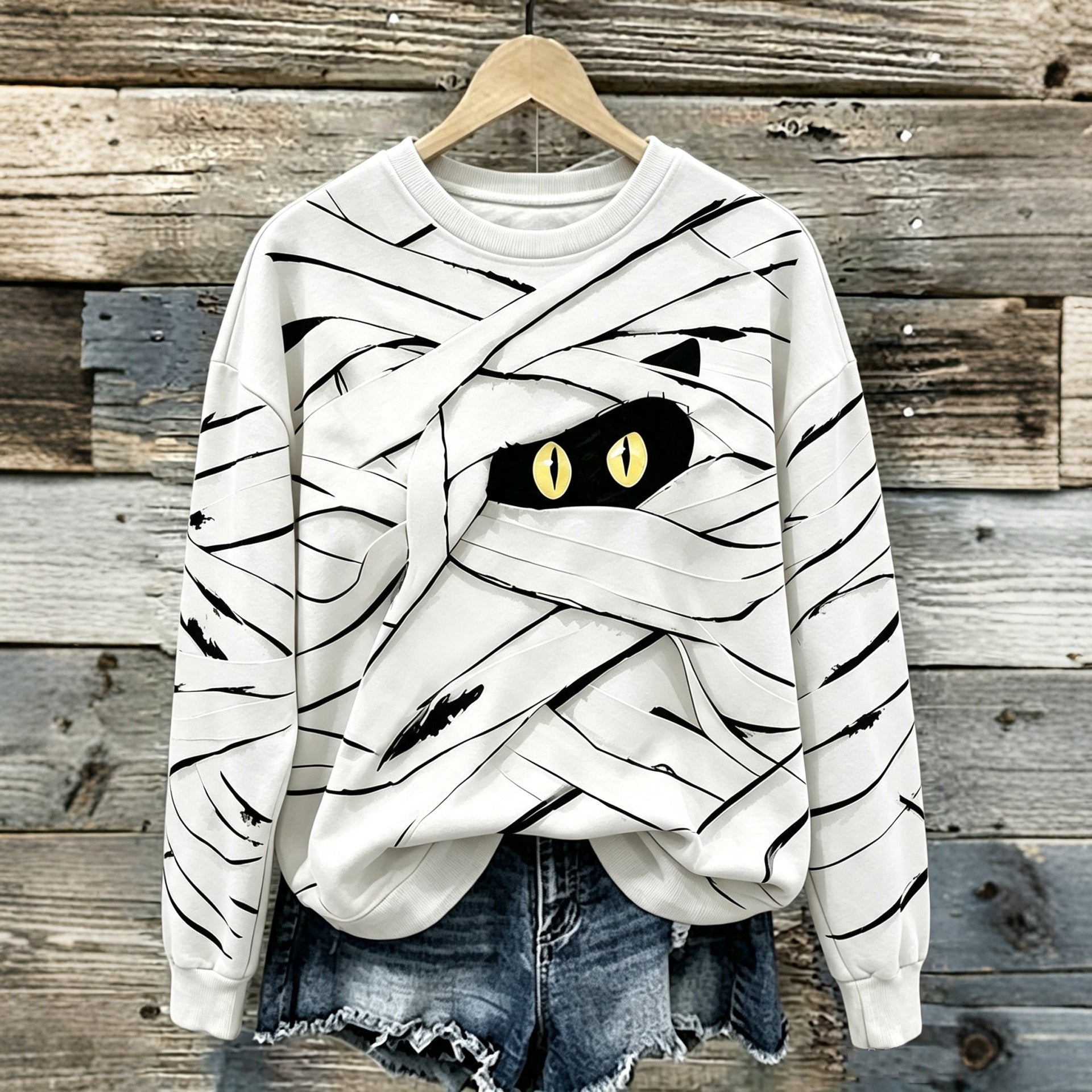 Women's Halloween Cute Mummy Black Cat Cartoon Style Print Casual Sweatshirt