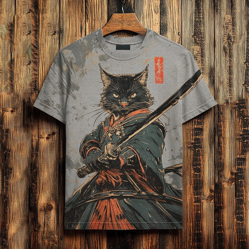 Men's Black Cat Samurai Japanese Art Print Casual T-shirt