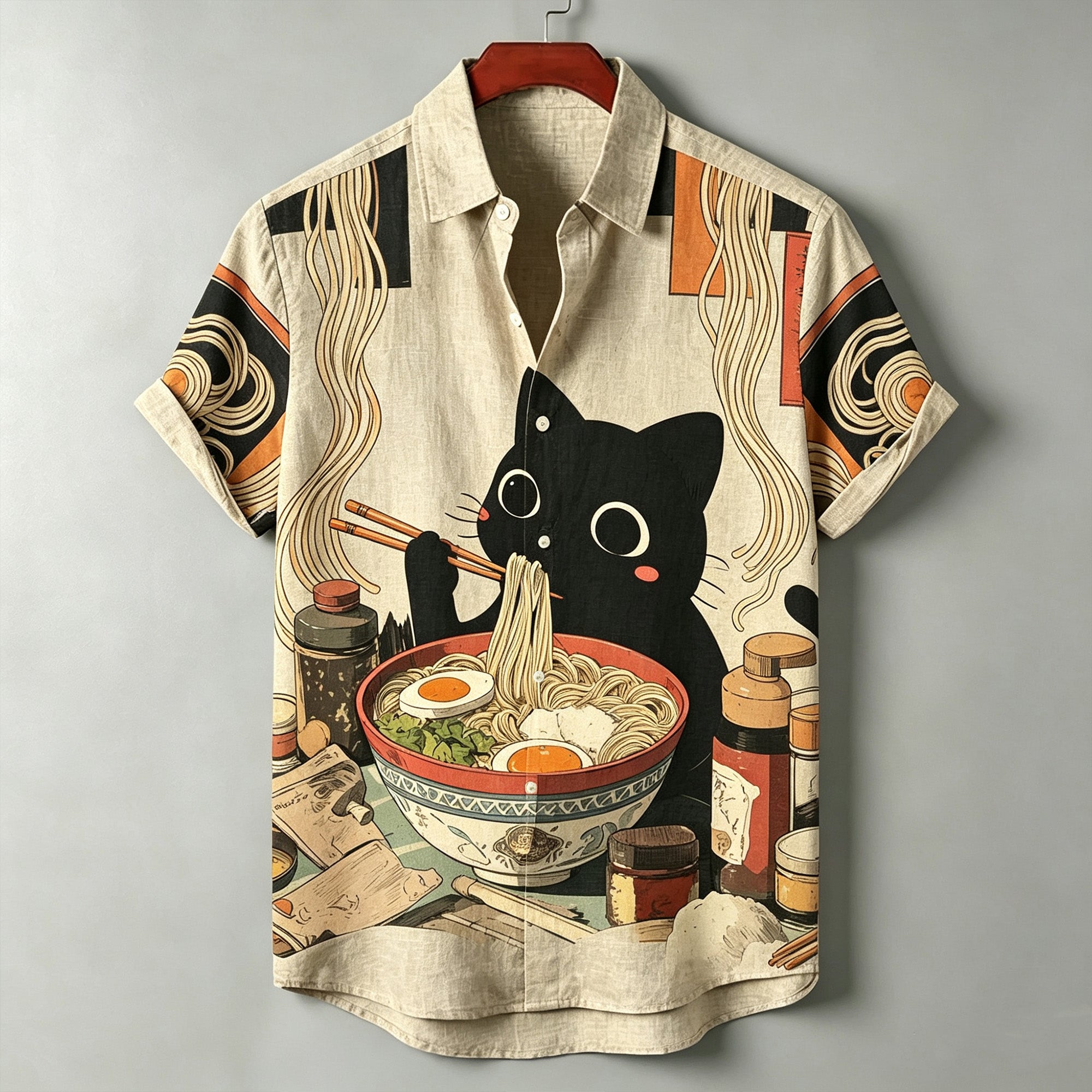 Men's Japanese Ukiyo-e Print Black Cat Eating Ramen Print Casual Loose Short-sleeve Shirt