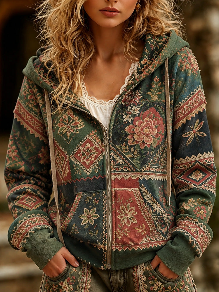 Women's Vintage Traditional Pattern And Floral Art Print Zip-up Hoodie