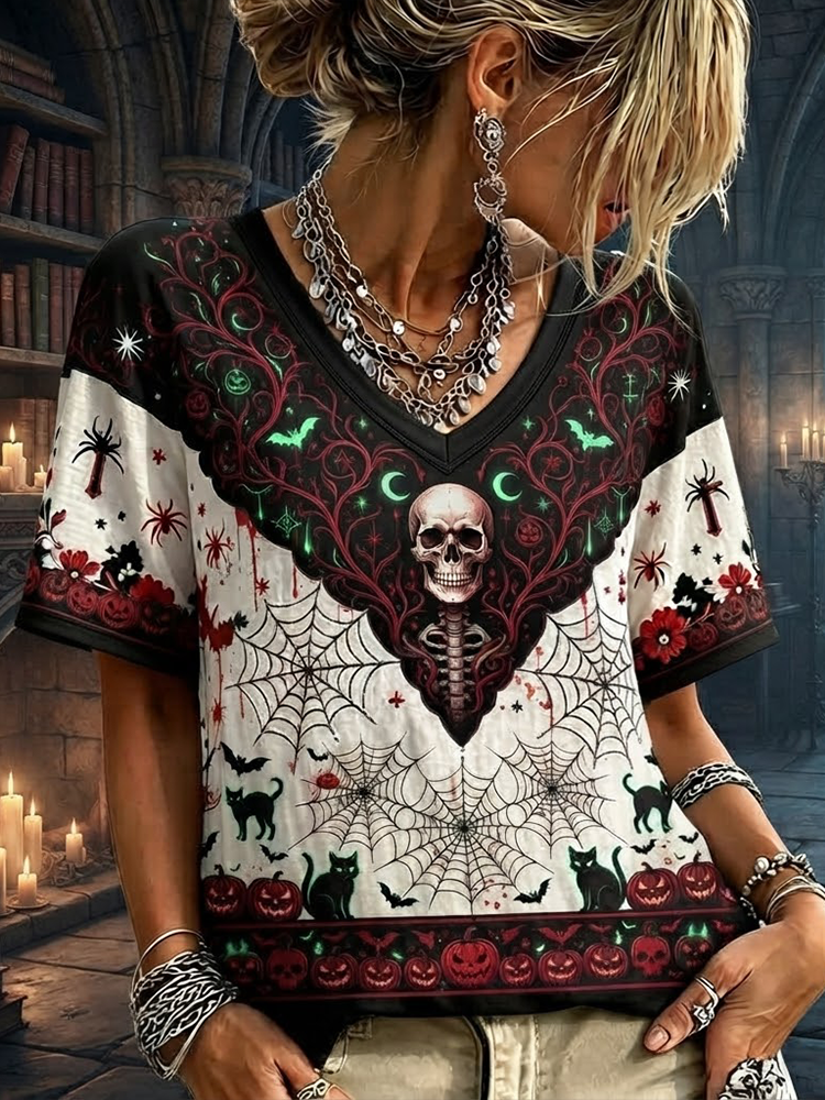 Women's Gothic Skull, Spiderweb, Black Cat And Pumpkin Short Sleeve T-shirt