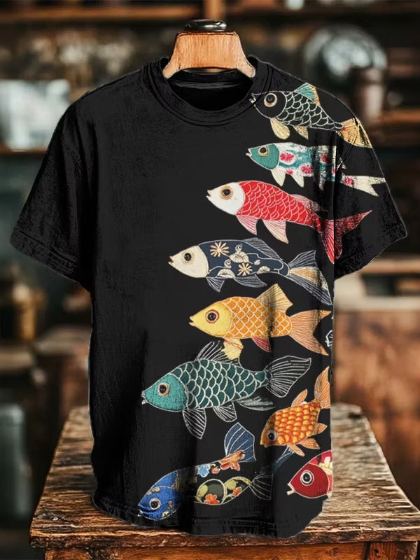 Men's Retro-style Colorful Koi Frog Japanese Art Print Casual T-shirt