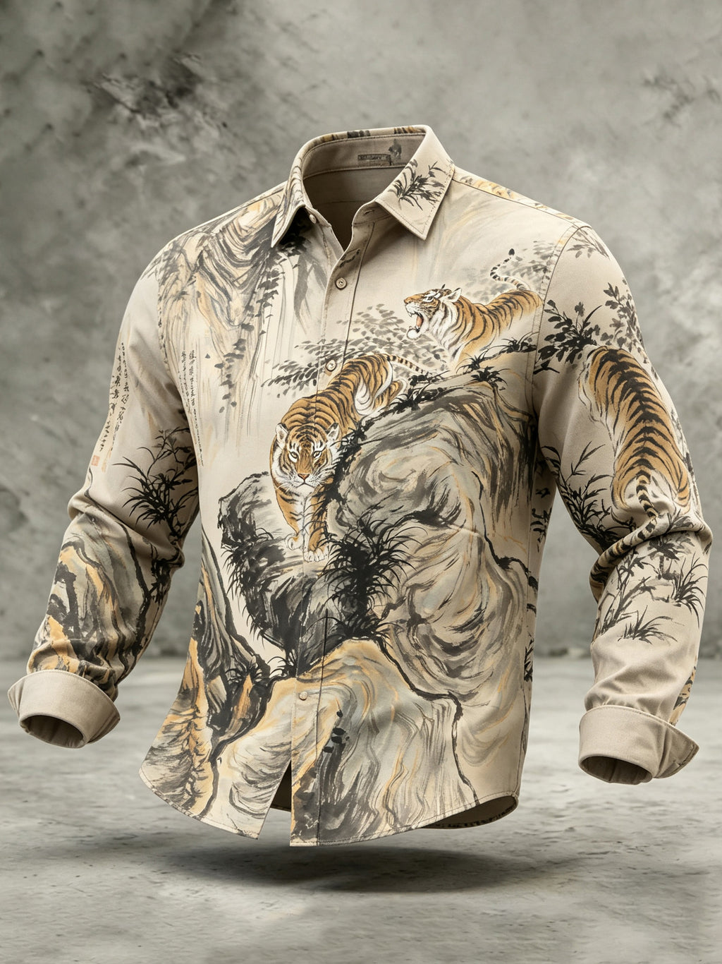 Men's Retro Japanese Tiger Calligraphy Art Print Linen Blend Long-sleeve Shirt