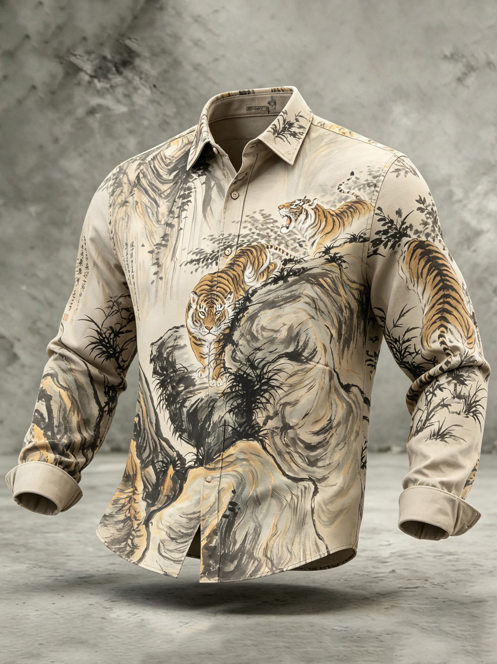 Men's Retro Japanese Tiger Calligraphy Art Print Linen Blend Long-sleeve Shirt
