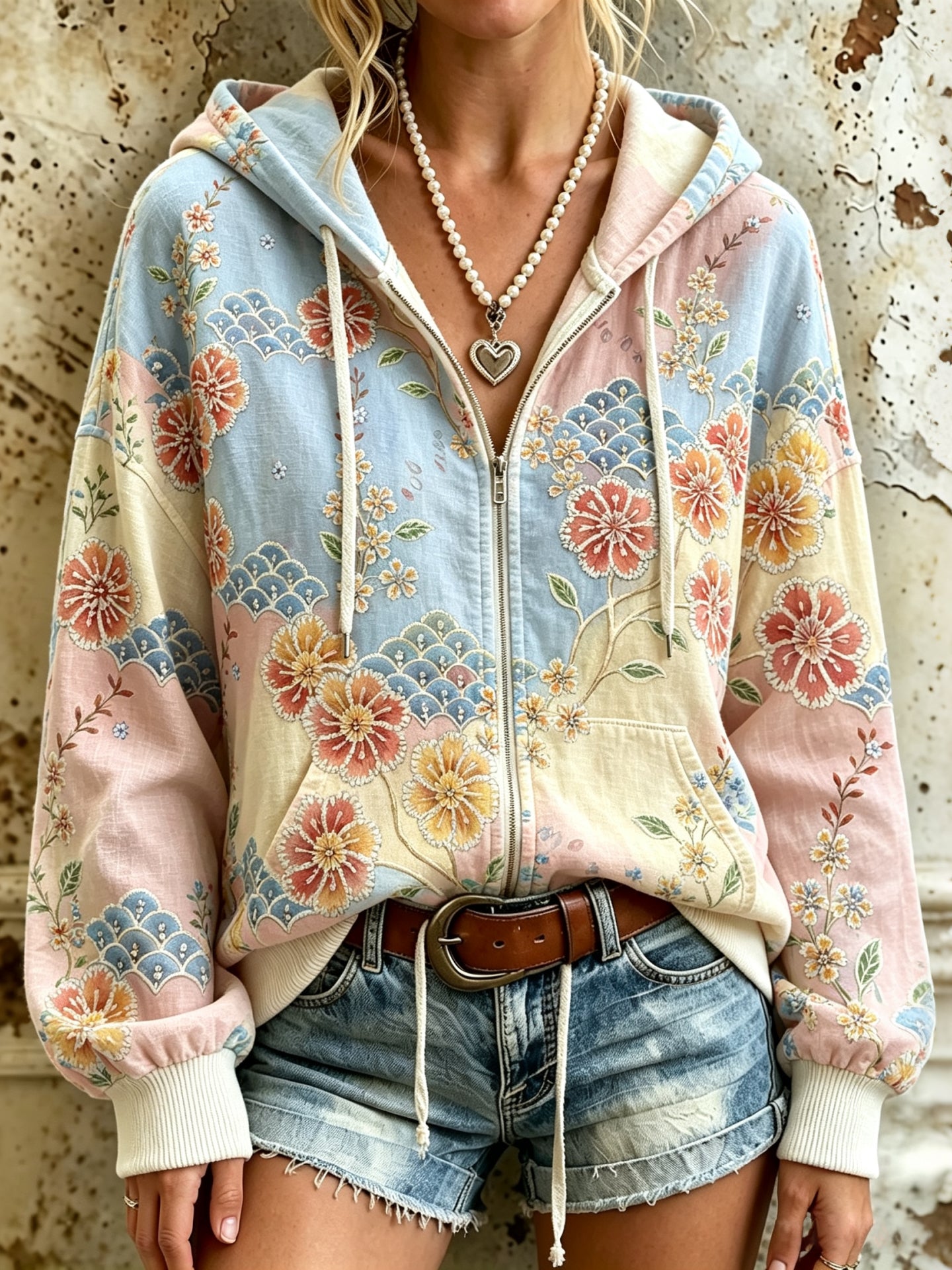 Women's Retro Resort Color Block Floral Cloud Print Zip-up Hoodie
