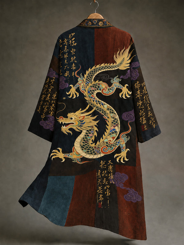 Men's Vintage Japanese Calligraphy Dragon Art Pattern Linen Blend Kimono
