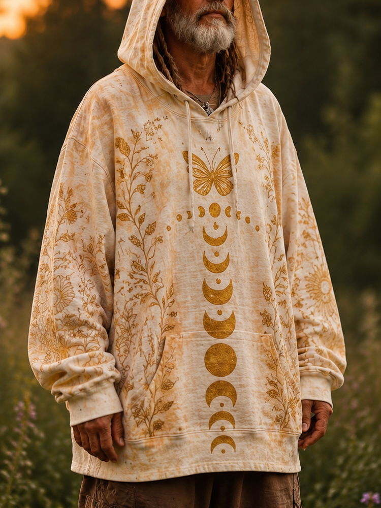 Men's Boho Moon Phases And Butterfly Print Pocket Hoodie