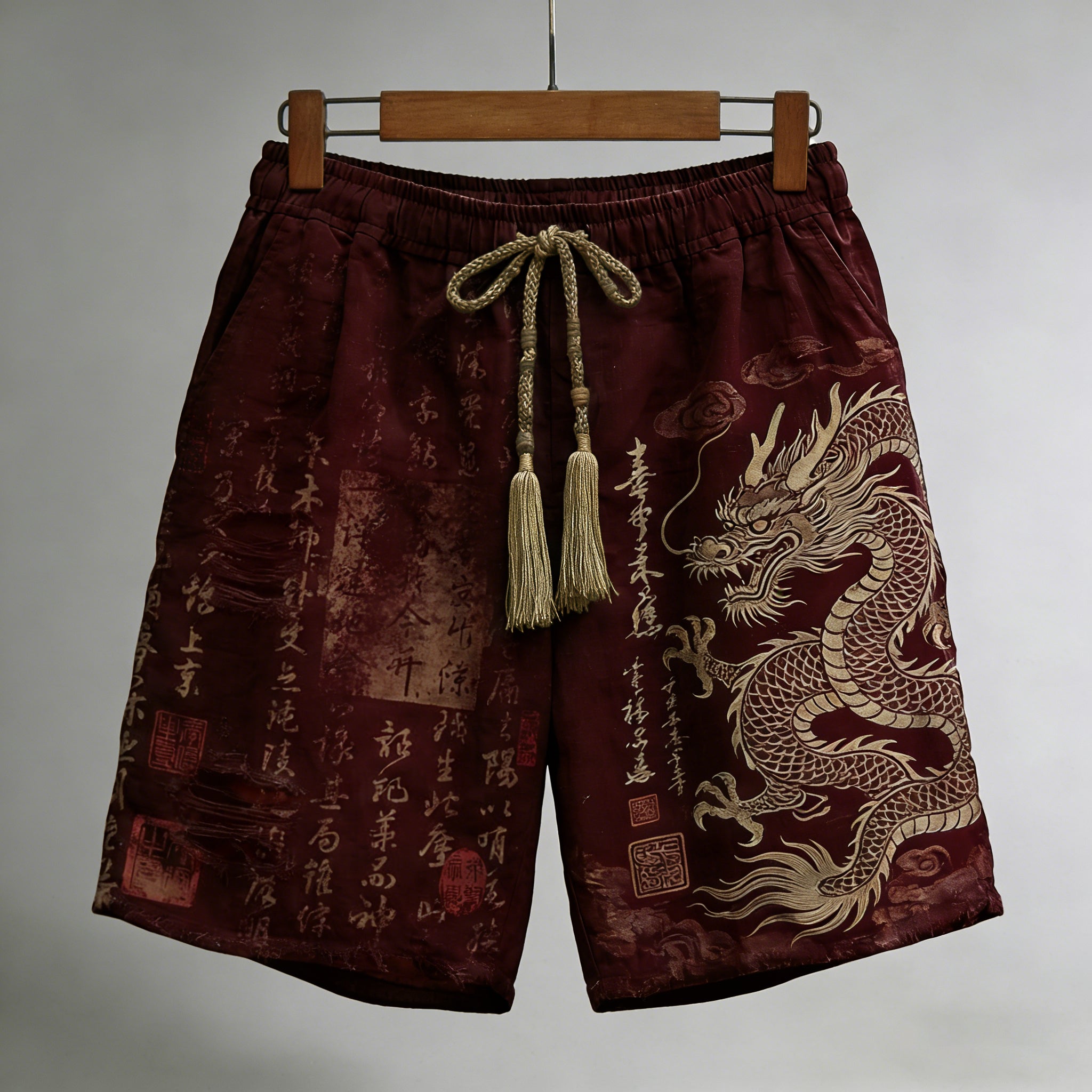 Men's Calligraphy With Dragon Art Pattern Linen Blend Casual Shorts