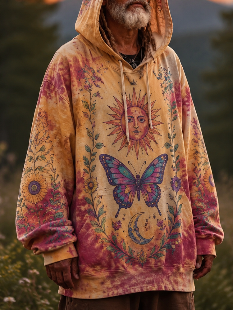 Men's Boho Tie-dye Sun, Butterfly And Crescent Moon Print Hoodie