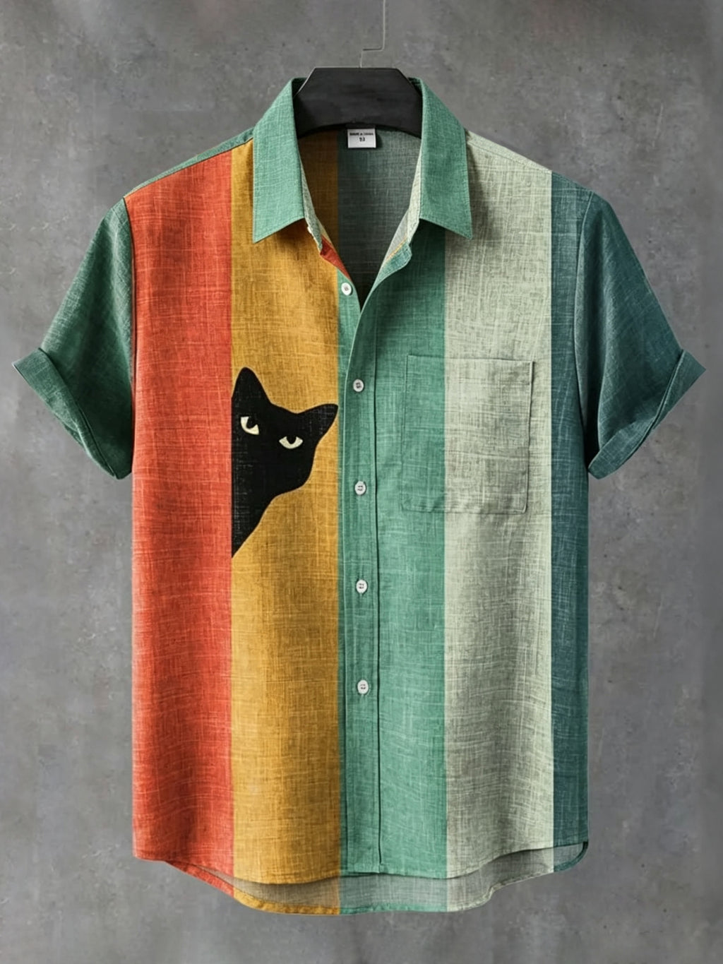 Men's Vintage Black Cat Contrast Stripes Short Sleeve Collared Shirt
