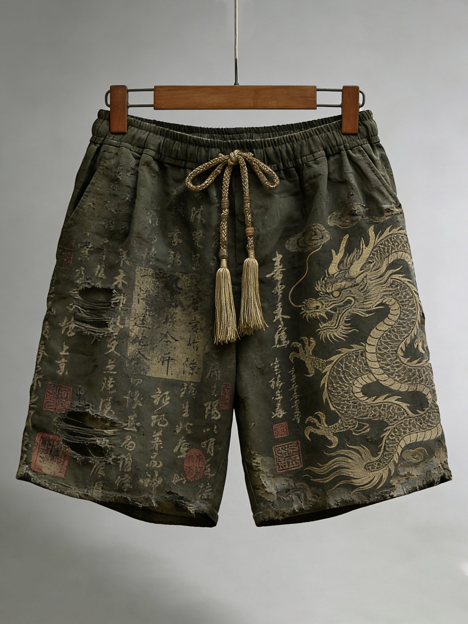 Men's Calligraphy With Dragon Art Pattern Linen Blend Casual Shorts