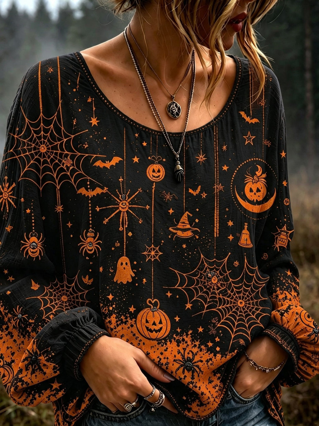 Women's Halloween-themed Spiderweb And Pumpkin Embroidered Print Top