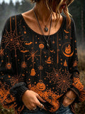 Women's Halloween-themed Spiderweb And Pumpkin Embroidered Print Top
