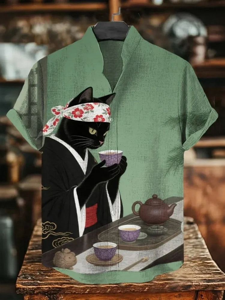 Vintage Japanese Cat Patchwork Art Print Casual Cotton Linen Shirt
