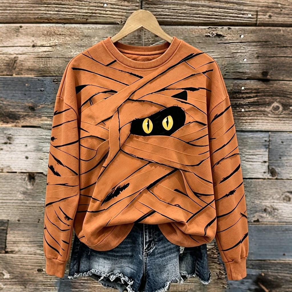 Women's Halloween Cute Mummy Black Cat Cartoon Style Print Casual Sweatshirt