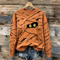 Women's Halloween Cute Mummy Black Cat Cartoon Style Print Casual Sweatshirt