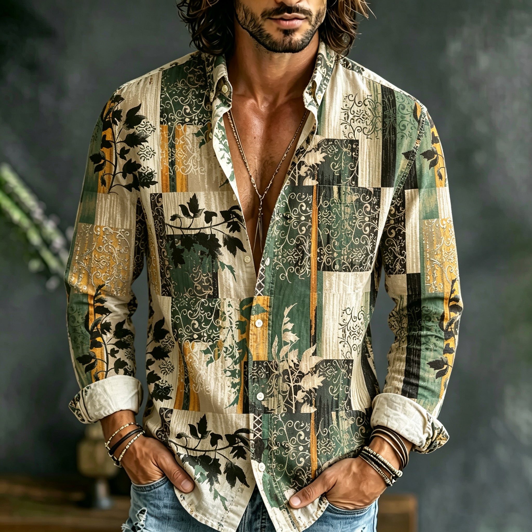 Men's Retro Vacation Color Block Leaf And Floral Cotton Linen Long-sleeved Shirt