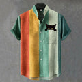Men's Vintage Peeking Black Cat Contrast Stripes Art Casual Shirt