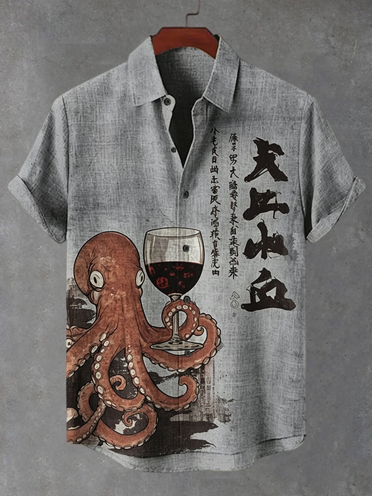 Men's Octopus Holding A Goblet Art Print Casual Shirt