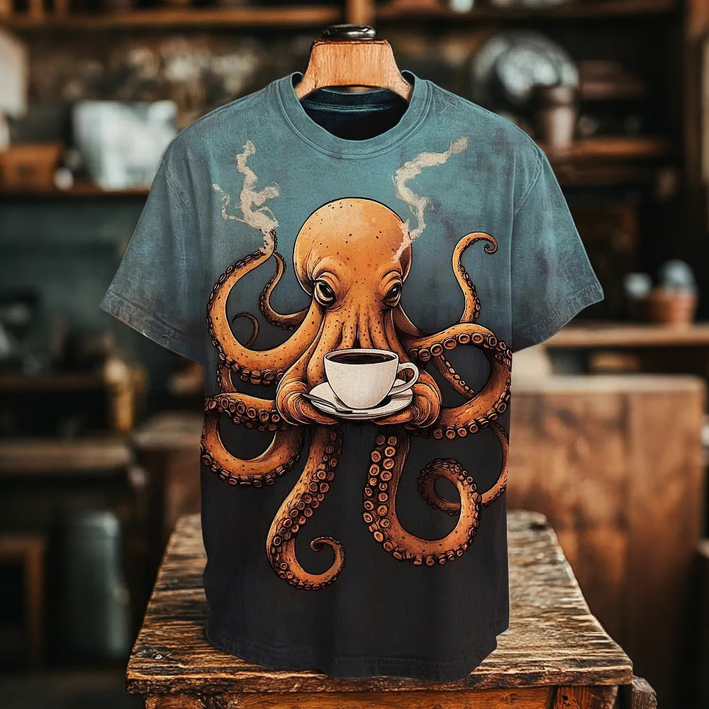 Men's Retro Japanese Art Octopus And Coffee Printed Casual T-shirt