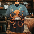 Men's Retro Japanese Art Octopus And Coffee Printed Casual T-shirt