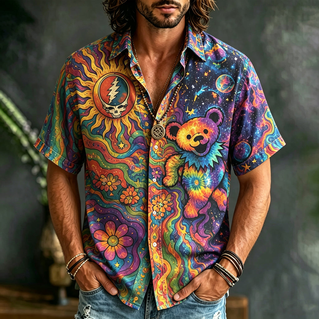 Men's Grateful Dead Dancing Bear Tie Dye Short Sleeve Button Shirt