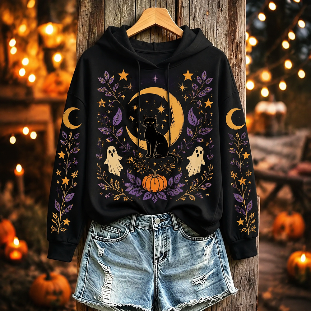 Women's Gothic Black Cute Ghost, Black Cat, Crescent Moon And Star Print Hoodie